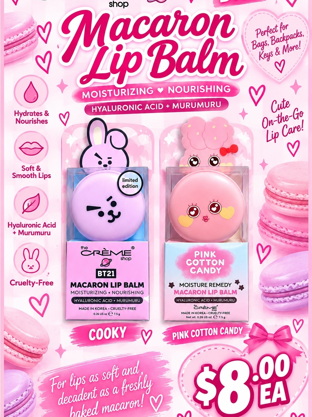 BT21 Macaron Lip Balm Duo — Cooky (lavender) & Pink Cotton Candy (pink)